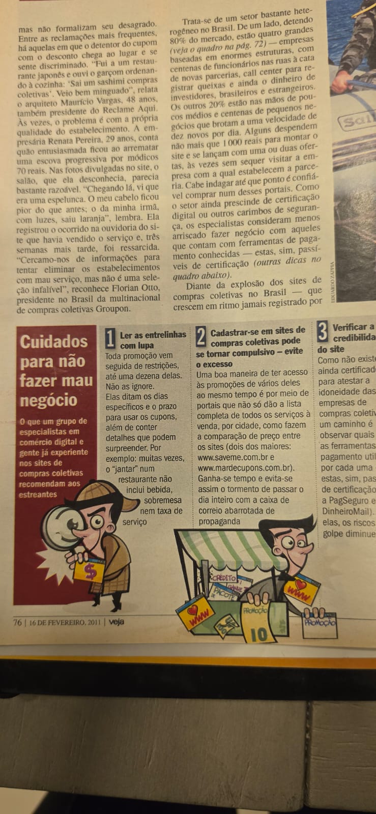 Página 76 da reportagem, com o quadro de recomendações que cita o mardecupons.com.br